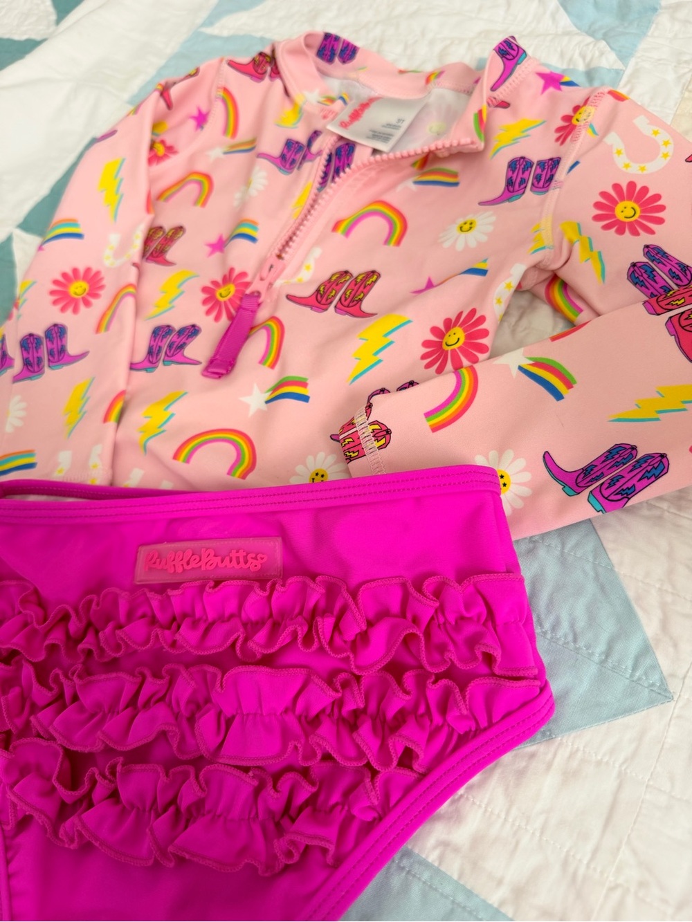 Ruffle Butts Pink Rainbow & Cowboy Boots UV Swim Set - Girls 3T - Picture 2 of 4